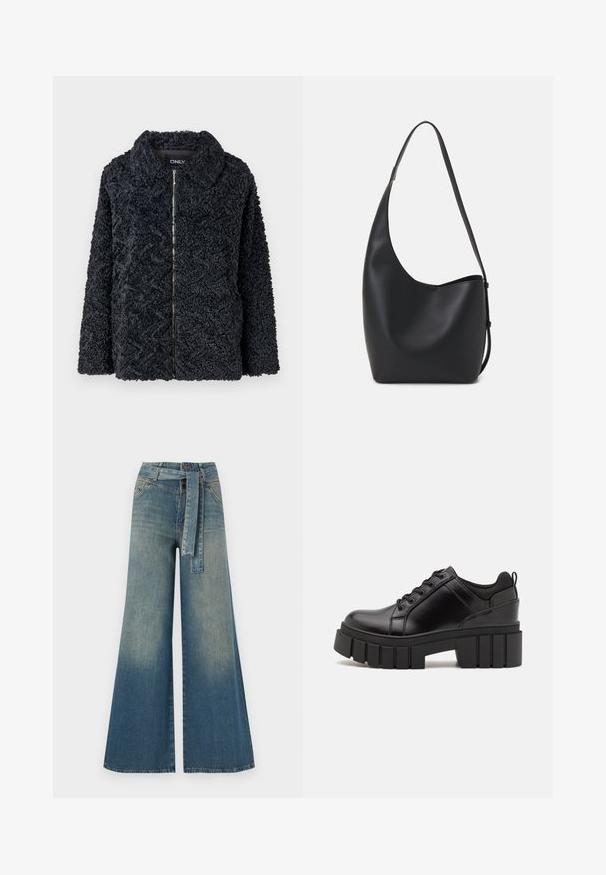 Veste noire, texturée et duveteuse avec un col, fermeture éclair à l'avant et manches longues. Présente un motif en zigzag sur le tissu.; T-shirt en coton noir à manches courtes, avec un petit graphique de papillon rose sur la poitrine gauche. Modèle à col rond avec une coupe décontractée.; Pantalons en denim à jambe large présentant un dégradé de bleu clair à bleu foncé, taille haute, passants de ceinture et une ceinture en tissu assortie. Finition en denim texturé.; Chaussures à plateforme en cuir noir avec un talon bloc épais, bout rond et un design traditionnel à lacets. Elles présentent une texture lisse et un détail minimal.; Sac hobo en cuir noir avec une texture lisse, une forme incurvée et une seule sangle réglable ; dispose d'une large ouverture en haut.