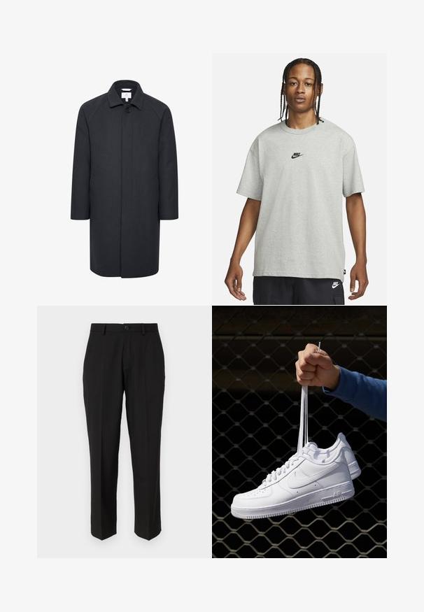 Matinique MAELIJAH OVERSIZE SINGLE BREASTED - Klasikinis paltas - dark navy; Jaunas žmogus su pintomis plaukomis, vilkintis šviesiai pilką Nike marškinėlį ir juodus Nike šortus, priešais vientisą baltą foną.; Juodos kelnės, pagamintos iš lygaus audinio, su tiesiu krepšeliu, priekinėmis kišenėmis, vieno mygtuko užsegimu ir be matomų raštų.; Balti odiniai sportiniai bateliai su perforacijomis, apvalia nosimi, plokščiu padu ir storomis raištelėmis, su matomu swoosh logotipu ir "AIR" ant kulno.