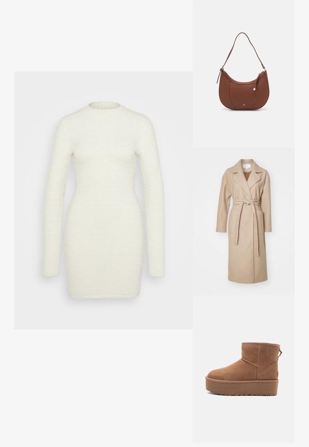 Bež plašč v mehkem materialu, z ovratnikom, dolgimi rokavi, sprednjimi žepi in ujemajočim se pasom, pripetim v pasu.; Kopalna obleka z dolgimi rokavi iz mehkega, teksturiranega belega blaga; oprijet kroj z okroglo neckline in gladkim zaključkom, ki sega do sredine stegna.; Bela antilopova gležnjača s platformom, okruglim vrhom i dekorativnim šavovima; ima uvučenu petlju straga za lakše oblačenje.; Rjava usnjena torbica z ramenskim ročajem, ukrivljene oblike, minimalnim šivom in zlato-tonirano kovinsko dekoracijo. Ima zgornje zapiranje na zadrgo in nastavljiv trak.