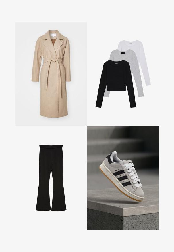 Casaco envolvente em bege, feito de um tecido suave, com colarinho, mangas longas, bolsos frontais e um cinto combinando atado na cintura.; Três camisetas de manga longa empilhadas: preta, cinza e branca. Cada uma tem um decote redondo e um design cropped, feitas de um tecido leve e suave.; Leggings pretos em flare feitos de um tecido elástico. Apresentam uma cintura larga e uma textura suave, com um silhueta ajustada que se alarga na bainha.; Ténis Adidas Campus cinza com riscas pretas e atacadores brancos a flutuar acima de um parapeito de cimento, com escadas ao fundo.