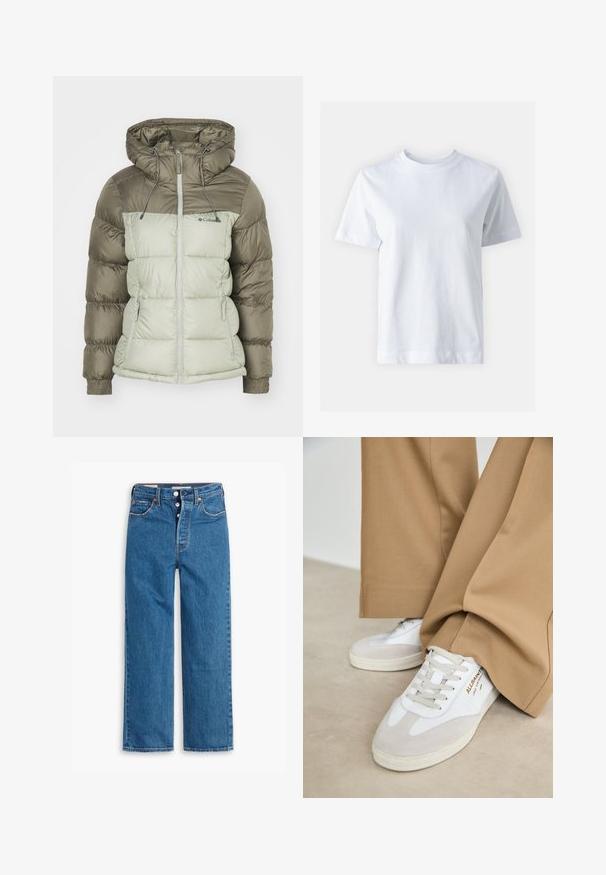 Padded jacket with a hood, featuring a two-tone design; upper section in dark olive, lower in light green, with elastic cuffs and zipper pockets.; White cotton t-shirt with a crew neckline, short sleeves, a straight cut, and smooth texture. No patterns or embellishments.; Blue denim straight-leg jeans with a high waist, five-pocket design, and button fly. Noticeable stitching and copper-tone rivets.; White sneakers with suede accents, textured laces, and a rubber sole. Paired with loose tan trousers. Logo displayed on the side.