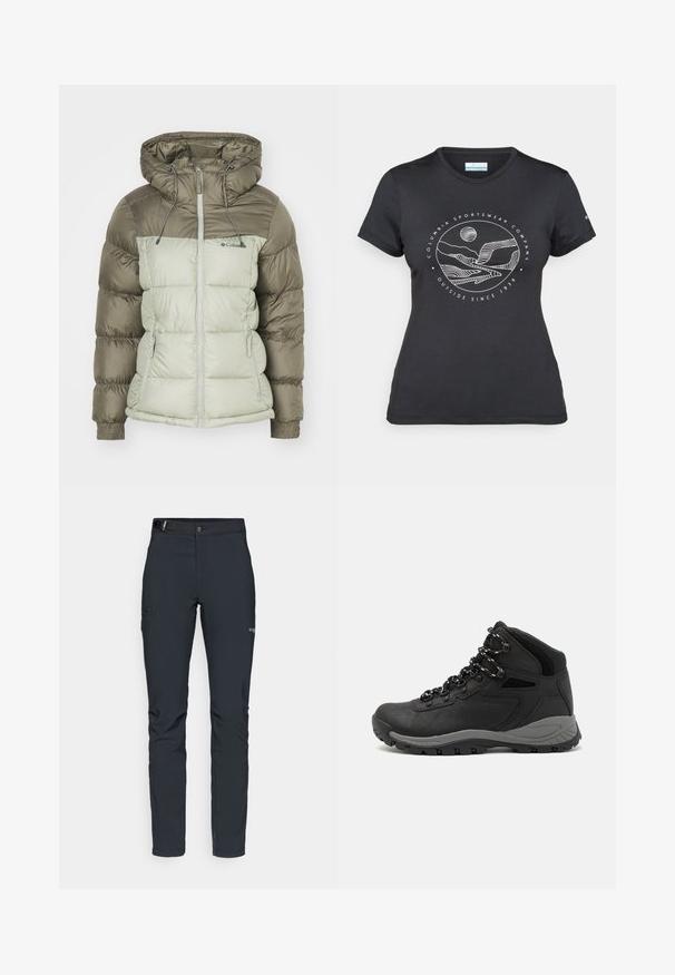 Padded jakna s kapuljačom, s dvobojnim dizajnom; gornji dio u tamno maslinastoj boji, donji u svijetlozelenoj, s elastičnim manžetama i patentnim zatvaračima.; Crna Columbia majica s bijelim kružnim crtežom planine i rijeke te natpisom "Columbia Sportswear Company Outside Since 1938."; Muške outdoor hlače, tamno sive boje, izrađene od fleksibilnog materijala, s remenom, džepovima na patentni zatvarač i ojačanim šavovima.; Crne planinarske čizme s dizajnom srednjeg vrha, sa teksturiranim gornjim dijelom, sivim akcentima i izdržljivom gumom potplatom s uzorkom za prianjanje.