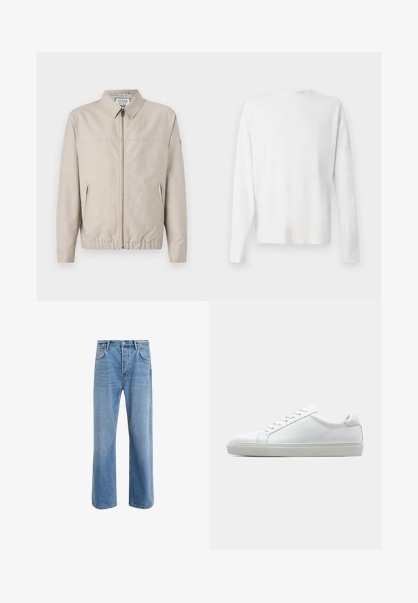 Beige lichtgewicht jack met een ritssluiting aan de voorkant, kraagontwerp, twee zijzakken en elastische manchetten. Vlotte textuur met minimale details.; Witte katoenen blouse met lange mouwen en een ronde halslijn, met zijsplitten aan de onderkant en een gladde textuur, vanuit de achterkant weergegeven.; Lichtblauwe denim jeans met een straight-leg ontwerp, vijf zakken, knoopsluiting, minimale vervaging en contrasterende stikseldetails.; Witte sneaker met een gladlederen bovenwerk en een laag profiel. Voorzien van een ronde neus, zes vetergaatjes en een gestructureerde rubberen zool.