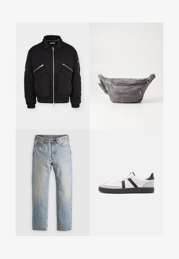 Fekete bomberdzseki, elöl cipzárral, két ferde oldalzsebbel és bordázott mandzsettával. Texturált anyagból készült, laza fazonban.; Beige színű, negyedcipzáras pulóver puha kötött anyagból. Bordázott gallérral és mandzsettákkal rendelkezik, laza szabású és varrás nélküli kialakítással.; Világoskék farmernadrág magas derékkal, elülső gombbal, cipzárral és öt zsebbel, sima háttérre fektetve.; Fehér sneaker fekete és szürke részletekkel, textúrált szürke orr résszel, fekete gumitalppal és lapos fehér fűzőkkel. Tiszta dizájn, minimalista stílus.; Szürke velúr övtáska kerek formával, két cipzáras rekesszel és állítható pánttal. Fém dekorációval rendelkezik.