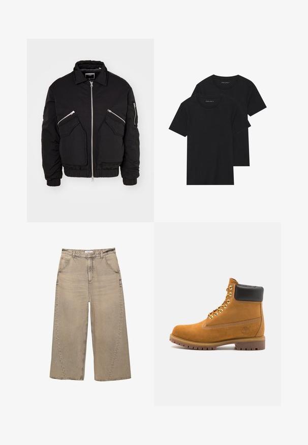 Czarna kurtka bombowa z zapięciem na zamek z przodu, dwiema skośnymi kieszeniami bocznymi oraz ściągaczami przy mankietach. Wykonana z teksturowanego materiału o luźnym kroju.; Dwie czarne bawełniane koszulki z krótkimi rękawami, okrągłymi dekoltami i gładką fakturą, wyeksponowane ułożone jedna na drugiej.; PULL&BEAR - Jeansy baggy; Beżowe zamszowe botki sięgające kostki z czarną wyściełaną krawędzią, złotymi oczkami, białymi detalami szycia oraz wytrzymałą gumową podeszwą z wyraźnym bieżnikiem.