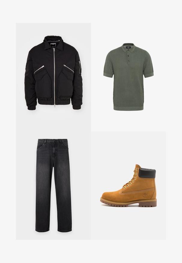 Juodas bomber tipo švarkas su užtrauktuku priekyje, dviem kampuotomis šoninėmis kišenėmis ir sutrauktomis rankovėmis. Pagamintas iš tekstūruotos medžiagos, laisvo silueto.; Tamsiai žalia polo marškinėliai, tekstūrinis audinys su zigzago raštu, trumpomis rankovėmis ir plokščiu apykakle. Turime tris mygtukus ant kaklo.; Tamsiai pilki džinsai su tiesiomis kojomis, turintys užtrauktuko kišenę, penkias kišenes ir subtilius išblukimo akcentus audinyje.; Tan spalvą turintys suknelės batus iki kulkšnies su juodu paminkštintu apvadu, auksiniais metaliniais akių užsegimais, baltais siūlų dekoratyviniais elementais ir tvirtu guminiu padu su ryškiai išreikštais raštais.