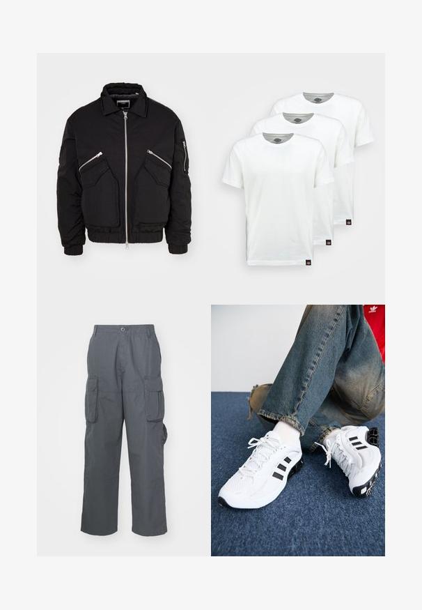 Chaqueta bomber negra con cremallera al frente, dos bolsillos laterales en ángulo y puños acanalados. Fabricada con un material texturizado y un corte holgado.; Tres camisetas de algodón blanco liso con mangas cortas. Cada camiseta tiene un escote redondo y una pequeña etiqueta de logo negra en el lado izquierdo.; Pantalones cargo de tela gris oscuro; cuentan con múltiples bolsillos laterales, un ajuste relajado y un cierre de botón en la cintura.; Zapatillas deportivas de malla blanca con acentos en negro, que presentan un diseño texturizado y una suela distintiva, combinadas con jeans de mezclilla azul.