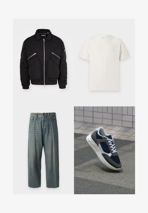 Black bomber jacket featuring a zip front, two angled side pockets, and ribbed cuffs. Made from a textured material with a relaxed fit.; White short-sleeve T-shirt in a ribbed texture. Round neckline, relaxed fit, no visible patterns or accents. Simple and versatile design.; Light blue denim jeans with a loose fit, mid-rise waist, and straight legs. Features five pockets, belt loops, and a button closure.; Sneaker featuring a navy blue mesh upper, gray suede accents, white rubber sole, and flat white laces, designed for comfort and breathability.