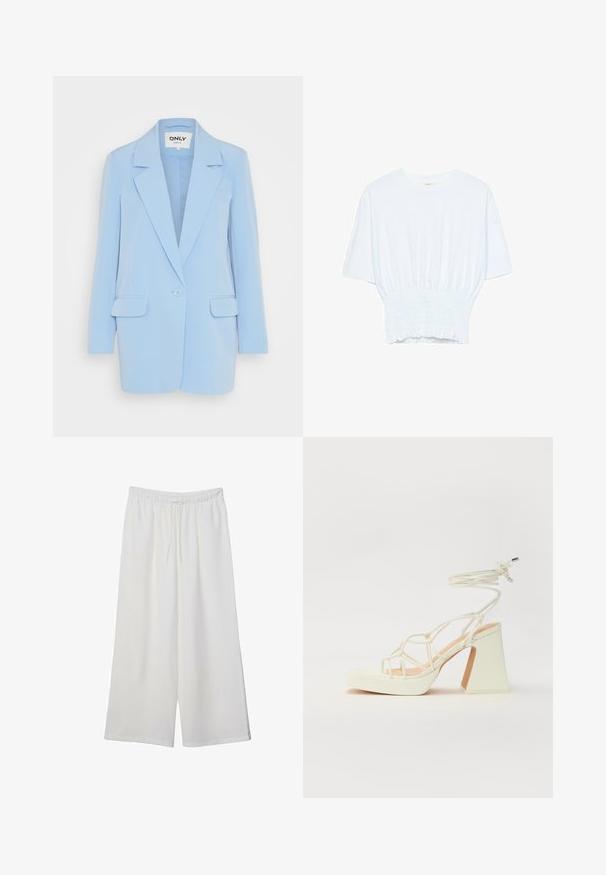Ljusblå kavaj med enkel knappstängning, slagkrage, två framfickor och en skräddarsydd passform. Slät tygstruktur.; Vit kortärmad t-shirt med avslappnad passform och smockad textur vid midjan. Tillverkad av mjukt, lätt material.; Vita vida byxor i lätt tyg med elastisk midja och dragsko för justerbar passform. Mjuk textur.; Vit högklackad sandal med en kraftig klack, med ett remdesign och ankelband. Slät textur med en plattform framtill för ökad höjd.