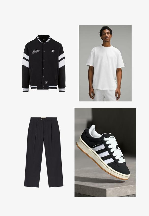 Svart collegejacka med vita ränder, broderad logotyp på bröstet, tryckknappsstängning samt ribbade ärmslut och nederkant. Slät tygstruktur.; Vit bomull t-shirt med korta ärmar, rund hals, avslappnad passform. Slät textur, enkel design, inga synliga mönster eller detaljer.; skräddarsydda mörkblå byxor med hög midja, två framfickor, knappstängning och raka ben i ett slätt tyg.; Svart sneaker med vita ränder, snörning, texturerad ovandel och gummisula. Har "CAMPUS"-logga på sidan och gummiyttersula.