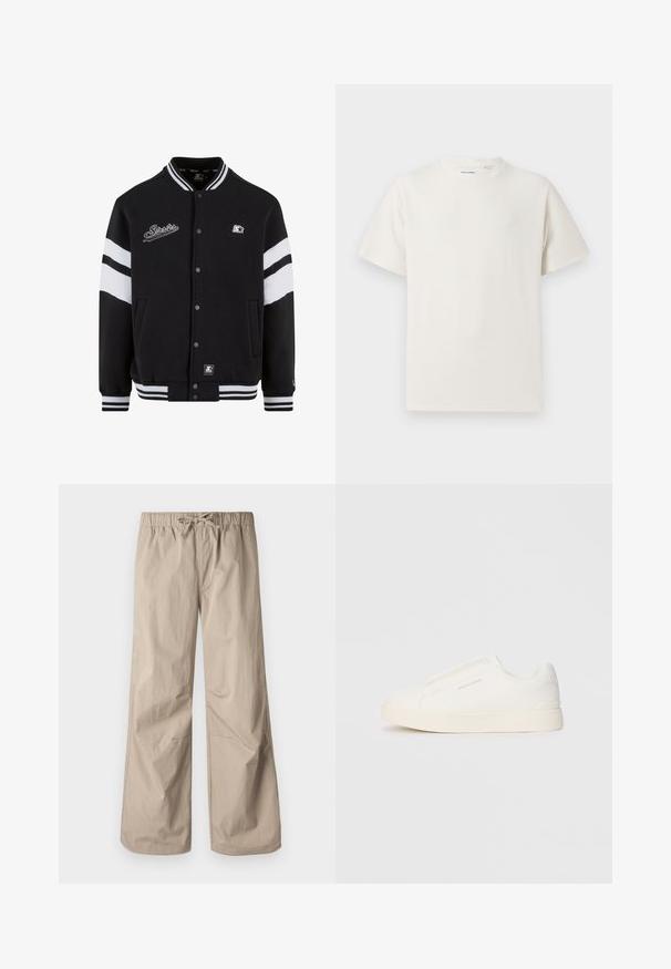 Crna jakna u varsity stilu s bijelim prugama, izvezenim logotipom na prsima, zatvaranjem na dugmadi i rebrastim manžetama i rubom. Glatka tekstura tkanine.; Bijela kratka majica s kratkim rukavima u rebrastoj teksturi. Okrugli izrez, ležeran kroj, bez vidljivih uzoraka ili akcenta. Jednostavan i svestran dizajn.; Bež hlače širokih nogavica s elastičnim pojasom i vezicom. Glatka tekstura, dva bočna džepa i minimalni šavovi za opuštenu prilagodbu.; Bijele slip-on tenisice s teksturiranom površinom, debelim đonom i minimalističkim dizajnom. Sadrže logo branda sa strane.