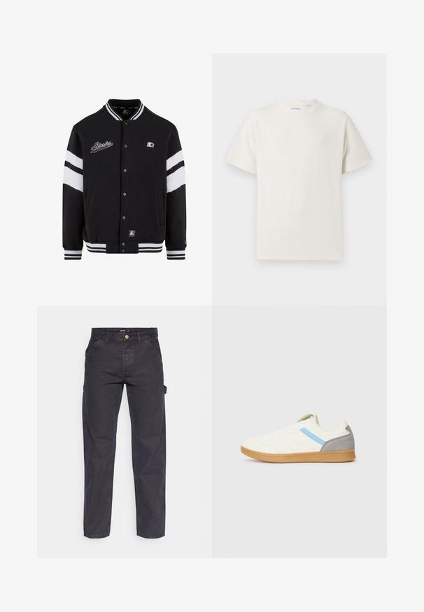 Czarna kurtka varsity z białymi paskami, haftowane logo na klatce piersiowej, zapięcie na zatrzaski oraz ściągacze przy mankietach i hemie. Gładka tekstura materiału.; Biała krótka koszulka z krótkim rękawem o żebrowanej fakturze. Okrągły dekolt, luźny krój, brak widocznych wzorów lub akcentów. Prosty i uniwersalny design.; Ciemnoszare spodnie cargo wykonane z trwałej tkaniny, z prostymi nogawkami, pięcioma kieszeniami i zapięciem na guzik w talii.; Sneakers z kremową cholewą, niebieskim paskiem po bokach i szarym akcentem na pięcie. Posiadają teksturowany wzór i gumową podeszwę.
