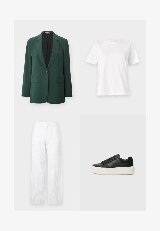 Zeleno blazer iz gladkega blaga, s poševnim ovratnikom, zapiranjem na en gumb in dvema sprednjima žepoma. Podloženo notranjost v črni barvi.; Bela bombažna majica s kratkimi rokavi, okroglo izrezana in ohlapnega kroja. Gladka tekstura, brez vzorcev ali dodatkov, minimalističen dizajn.; Bela široka hlače iz lahkega materiala, ki se ponašajo z gladko teksturo, čistimi linijami in visokim pasom.; Črne usnjene superge z zaobljenim prstom, belim platformskim podplatom in črnimi vezalkami. Imajo subtilen logotip na peti in gladko teksturo.