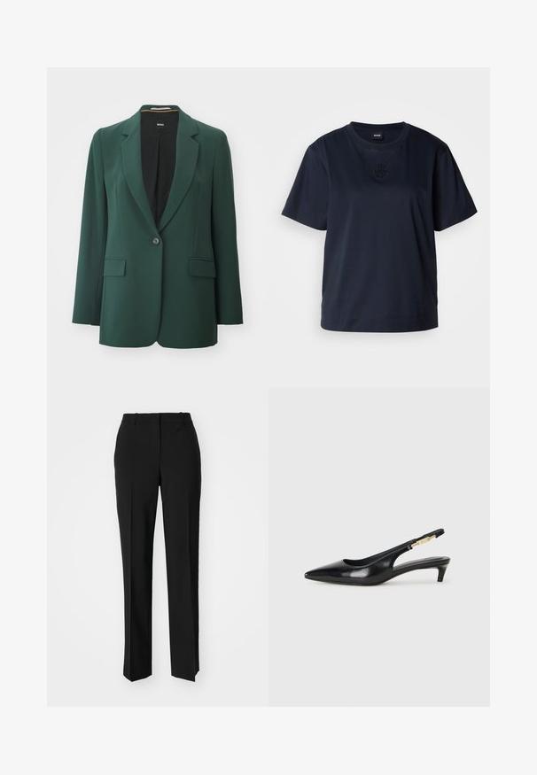 Žalias švarkas, pagamintas iš lygios medžiagos, su išpjovu apykakle, vienu mygtuko užsegimu ir dviem priekinėmis kišenėmis. Juodas pamušalas viduje.; Tamsiai mėlyna trumpomis rankovėmis marškinėliai, pagaminti iš minkštos medvilnės. Savyje turi apvalų kaklą ir subtilų išsiuvinėtą logotipą ant krūtinės.; Juodi pritaikyti kelnių modeliai su tiesiomis kojomis, pasižyminčios lygiomis tekstūromis ir ryškiomis klostėmis priekyje. Nėra matomų detalių.; Juodas odinis pavasario batelių modelis su smailiu nosiu, turintis siaurą kulniuką ir auksinės spalvos akcentu reguliuojamoje juostoje. Lygi tekstūra.