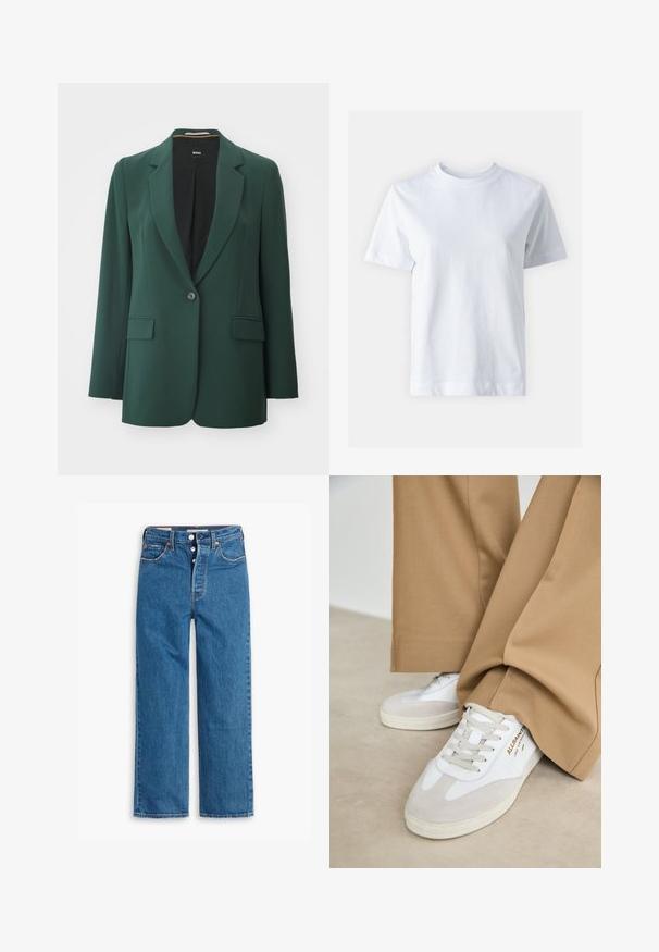 Groene blazer van soepel materiaal, met een gekartelde revers, enkele knoopsluiting en twee voorknopzakken. Voering in zwart.; Witte katoen t-shirt met een ronde hals, korte mouwen, een rechte snit en een gladde textuur. Geen patronen of versieringen.; Blauwe denim jeans met rechte pijpen en hoge taille, vijf zakken en een knoopsluiting. Merkbare stiksels en koperen klinknagels.; Witte sneakers met suède accenten, gestructureerde veters en een rubberen zool. Gecombineerd met losse beige broek. Logo zichtbaar aan de zijkant.