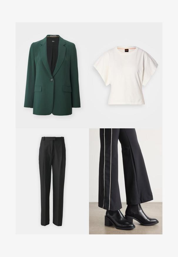 Zeleni blejzer izrađen od glatke tkanine, sa izrezanim reverima, zatvaranjem na jedan dugme i dva prednja džepa. Postavljen crnom podlogom.; Bijeli skraćeni T-shirt, široke kratke rukave, mekani pamučni materijal, okrugli izrez s suptilnim narančastim detaljem, minimalistički dizajn, bez uzoraka ili grafika.; Crne krojene hlače od laganog materijala, s ravnim krojem, ravnim prednjim dijelom i petljama za remen. Glatka tekstura bez vidljivih uzoraka.; Crne kožne gležnjače s blok petom, s elastičnim bočnim panelima. Uparene s crnim hlačama koje imaju bijelu bočnu prugu.