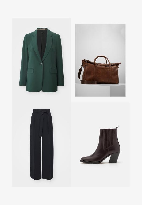Green blazer made from smooth fabric, featuring a notched lapel, single button closure, and two front pockets. Lined interior in black.; White short-sleeve t-shirt made of ribbed fabric. Round neckline, regular fit, and subtle stitching details. No patterns or graphics.; Wide-leg black trousers made of soft fabric. Features a belted waistband and front pleats. Smooth texture with a clean, contemporary design.; Dark brown leather ankle boot with a pointed toe, vertical ribbed detailing on the side, and a mid-height block heel.; Brown leather duffle bag with a zip closure, double handles, adjustable shoulder strap, and visible texture patterns on the surface.