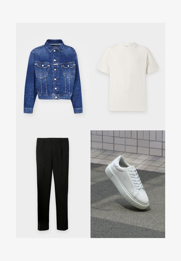 Chaqueta de mezclilla azul con un diseño corto, cuello puntiagudo, dos bolsillos en el pecho con solapas, botones plateados y costuras en contraste.; Camiseta blanca de manga corta en textura acanalada. Cuello redondo, corte relajado, sin patrones ni acentos visibles. Diseño simple y versátil.; Pantalones negros ajustados con frente plano, dos pliegues, cierre de botón, bolsillos laterales y corte recto. Fabricados con una tela suave.; Zapatilla de cuero blanca con una superficie lisa, punta redonda y cordones blancos planos. Presenta una suela de goma texturizada y elementos de diseño mínimos.
