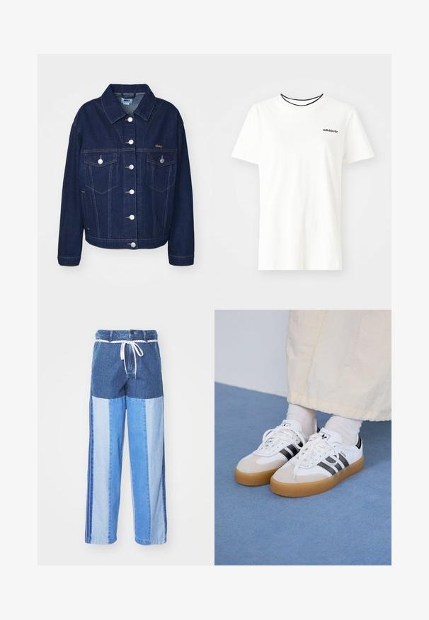 Tamno plava traper jakna klasičnog dizajna. Ima srebrne dugmadi, dva džepa na prsima i zlatnu izvezenu oznaku s lijeve strane.; Bijela pamučna majica kratkih rukava s okruglim izrezom. Ima crni Adidas logo na prsima i kontrastnu crnu unutrašnju ovratniku.; Plave traperice s patchwork dizajnom različitih nijansi plave, trakom za podešavanje u struku i širokim, ravnim nogavicama.; Bjele tenisice s crnim prugama i bež suknjom. Imaju teksturiranu gumu potplat i ravne bijele vezice, nošene uz svijetle čarape.