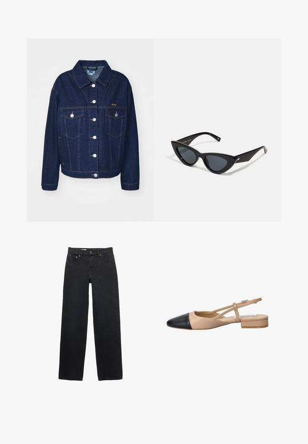 Tamno plava traper jakna klasičnog dizajna. Ima srebrne dugmadi, dva džepa na prsima i zlatnu izvezenu oznaku s lijeve strane.; Crni i krem prugasti top bez rukava s prilagođenim dizajnom, s debelim horizontalnim prugama i logotipom centriranim sprijeda. Mekana pletena tekstura.; Crne traperice širokog kroja napravljene od denima, sa pet džepova, kopčanjem na dugme, suptilnim šavovima i ravnim krojem od struka do rubova.; Bež i crna dvobojna slingback cipela s oštrim vrhom, ravnim potplatom i detaljem u obliku križanja traka. Glatka kožna tekstura.; Sunglasses u obliku mačjih očiju s sjajnim crnim plastičnim okvirom, tamnim lećama i zlatnim detaljima na sljepoočnicama. Kutni dizajn s elegantnim linijama.; Crna kožna torba s teksturiranim završnim obradom, koja ima dva gornja ručka, odvojivu naramenicu i detalj s srebrnim kopčanjem.