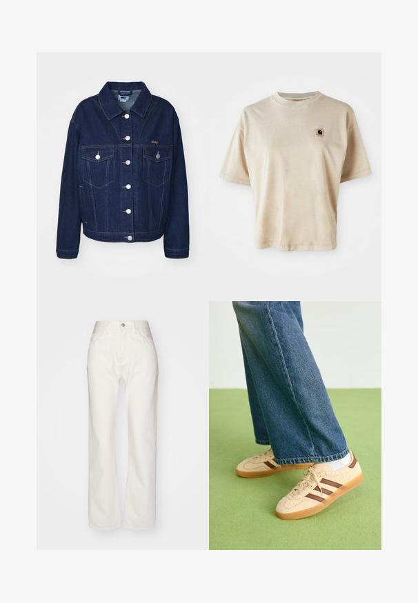 Tamno plava traper jakna klasičnog dizajna. Ima srebrne dugmadi, dva džepa na prsima i zlatnu izvezenu oznaku s lijeve strane.; Bež pamukasta majica s opuštenim krojem, okruglim izrezom, kratkim rukavima i malim kvadratnim logom na lijevoj strani prsnog područja.; Bijele traper hlače s visokim strukom i širokim nogavicama. Sadrže kopčanje na dugme i patentni zatvarač, petlje za remen i suptilne detalje šivanja.; Bež tenisice s teksturiranim kremastim panelima i smeškim prugama, u kombinaciji s plavim trapericama. Traperice imaju široke nogavice i poderane rubove.