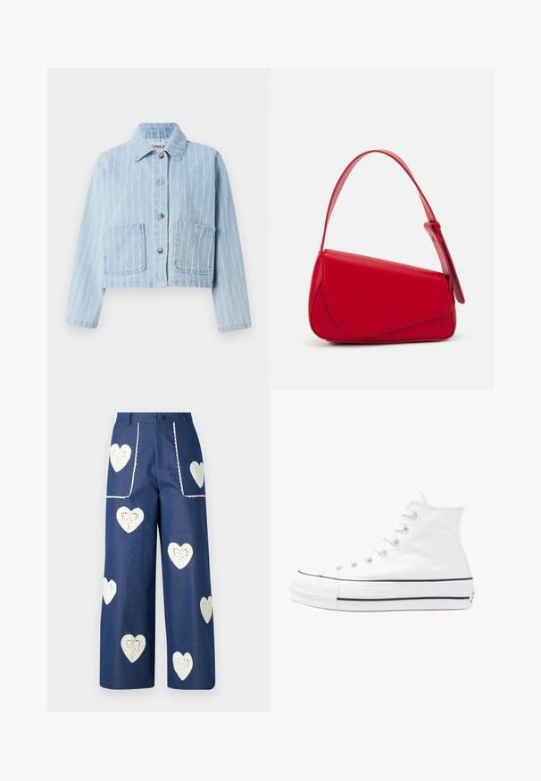 Svijetloplavi traper jakna s krojenjem u kratkom dizajnu, vertikalnim prugama, kopčanjem na dugmad, dva prednja džepa i klasičnom ovratnikom.; Cvjetna bluza s dugim napuhanim rukavima, svijetlo krem osnova, s ljubičastim, narančastim i zelenim cvjetnim uzorcima, te klasičnim dizajnom ovratnika.; Sister Jane HEART TO HEART - Traperice ravnih nogavica - blue denim; Bijela visoka platnena tenisica s crnom gumenom potplatom, prednjim gumenim zaštitnikom prstiju i šest rupa za vezanje, s čistim, minimalističkim dizajnom.; Crvena kožna torba s kutnim, geometrijskim dizajnom. Ima jedan podesivi remen i preklopni zatvarač sa šivenim detaljima.