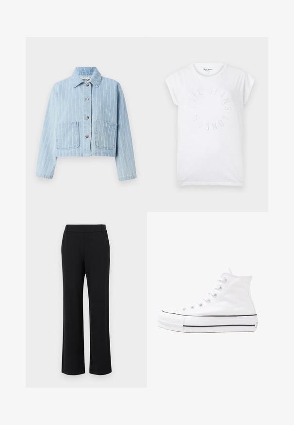 Svetlo modra denim jakna s skrajšanim dizajnom, navpičnimi črtami, gumbom za zapiranje, dvema sprednjima žepoma in klasičnim ovratnikom.; Bela bomba iz največje bombaža z okroglim izrezom in kratkimi rokavi. Ima krožno besedilno zasnovo v majhnih pikah, ki pravi "Pepe Jeans London."; Črne flare hlače z gladko teksturo, srednje visokim pasom in stranskimi žepi. Enostaven dizajn brez vzorcev ali okraskov.; Beli visoki platneni športni čevelj z črnim gumijastim podplatom, sprednjim gumijastim zaščitnikom za prste in šestimi luknjicami za vezalke, ki se ponaša s preprostim, minimalističnim dizajnom.