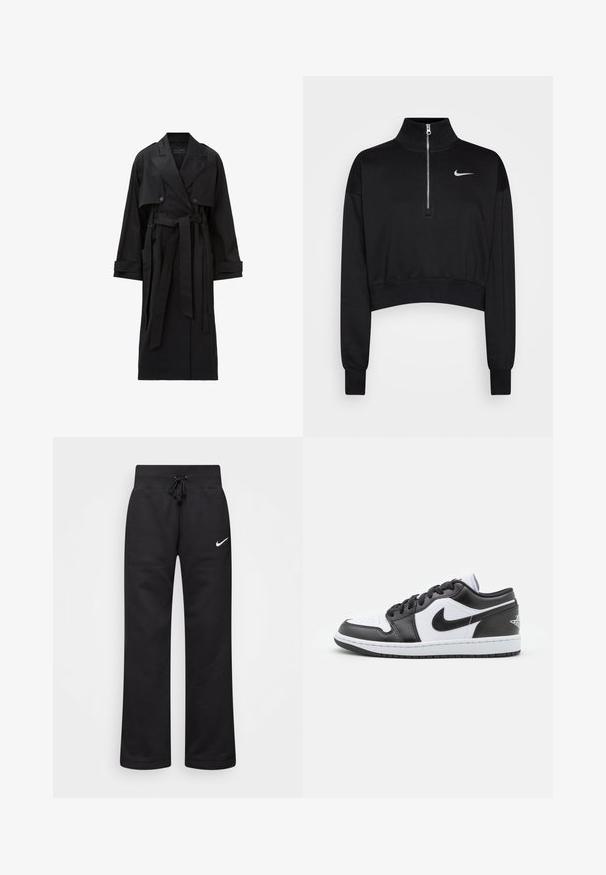 Trench coat lung negru, cu revere late, nasturi dubli, clapetă frontală, curele la mansete și o curea legată în talie.; Sweatshirt scurt negru cu guler înalt, închidere cu fermoar pe jumătate, manșete ribă și un mic logo alb Nike pe pieptul stâng. Textură de material moale.; Pantaloni de sudură negri dintr-un amestec de bumbac, cu un talie elastică cu șnur, picioare drepte și un logo alb Nike pe partea stângă.; Sneakers Nike cu talpă joasă, alb-negru, prezintă un superior din piele netedă, vârf rotund, închidere cu șireturi și o talpă din cauciuc cu model.