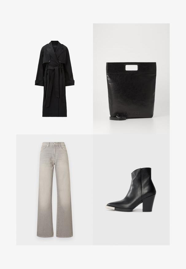 Pikk must mantel laiad kleidid, topelt-nuppudega, esiflapiga, mansettide rihmade ja seotava vööga.; Valge pika käisega krae särg, mis on valmistatud puuvillast. Omab nööbipaneeli esiosa ja ühte rinna taskut. Sujuv tekstuur, vabalt lõigatud.; Hallide lai püksid hallis toonis, kahvatu viimistlusega, nööbiga kinnitamine, viie tasku disain ja õmbluste äärtes kaunistus.; Must mustaankle saapad terava nina, kõrge plokknina ja hõbedane varbakattega detail. Sile tekstuur ja lihtne disain.; Must mustrikotest läikega must nahast kott ruudukujulise käepidemega, millel on tekstuuriga viimistlus ja reljeefne logo. Kohandatav rihm on eemaldatav.