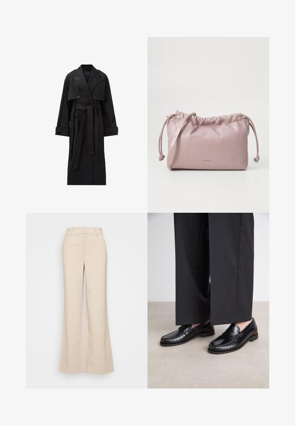 Lungo cappotto nero con ampi revers, bottoni doppi, patta anteriore, cinturini ai polsini e una cintura legata in vita.; Camicia bianca a maniche lunghe con colletto in cotone. Caratterizzata da una chiusura con bottoni e una tasca sul petto singola. Tessuto liscio, vestibilità comoda.; Pantaloni beige a gamba larga con una texture liscia, caratterizzati da una vita alta e due tasche frontali. Design pulito con una vestibilità sartoriale.; Mocassini in pelle nera con una finitura liscia, dettagli cuciti attorno alla punta e suola in gomma bassa. Abbinati a pantaloni neri larghi.; Borsa in pelle liscia di un rosa blush, con parte superiore arricciata, chiusura a coulisse e una cinghia sottile. Presenta un sottile logo Calvin Klein davanti.