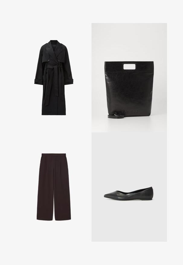 Pitkä musta trench-takki, jossa on leveät kellot, kaksiriviset napit, etupussit, hihansuutahdin hihnat ja sidottava vyö.; Valkoinen pitkähihainen kauluspaita, joka on valmistettu puuvillasta. Paidassa on napitettava etuosuus ja yksi rintatasku. Pehmeä pinta, rento malli.; Muutu tummanruskeat leveälahkeiset housut, jotka on valmistettu kevyestä kankaasta. Niissä on korkea vyötärö, pleatit ja kaksi sivutaskua, sekä joustava vyötärö.; Musta nahkainen balettikenkä, jossa on kärjessä terävä muoto, matala korko ja sileä pinta. Minimalistinen muotoilu hienovaraisella sivukorostuksella.; Musta nahkainen kassi neliskulmaisella kahvalla, jossa on teksturoitu pinta ja kohokuvioitu logo. Mukana irrotettava olkahihna.