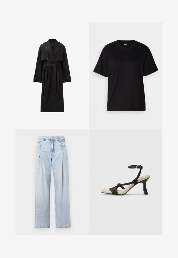 Lang zwarte trenchcoat met brede revers, dubbele knopen, voorflap, manchetbanden en een gestrikt tailleband.; Zwarte katoenen t-shirt met een ronde hals, korte mouwen en een geborduurd logo op de borst. Eenvoudige, comfortabele pasvorm zonder patronen.; Lichtblauwe denim jeans met een hoge taille, wijde pijpen, twee zijzakken en geplooid ontwerp. Zachte textuur met een vervaagd uiterlijk.; Zwarte hoge hak sandaal met een gevlochten bandontwerp, vierkante teen en verstelbare enkelband. Lichtbeige voetbed met een glanzende zwarte hak.