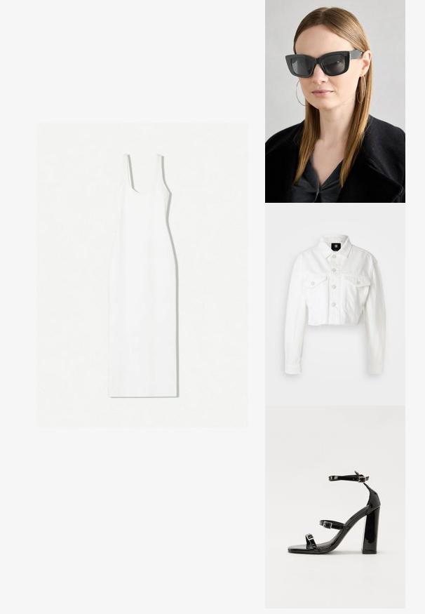 White cropped denim jacket with a collar, front button closure, two chest pockets, and frayed hem. Made from a sturdy cotton blend.; White sleeveless dress with a scoop neckline, fitted silhouette, and ankle-length hem. Made of smooth fabric with a minimalist design.; Black patent heeled sandals with a square toe, ankle straps, and silver buckles. Features a chunky block heel for stability.; Black cat-eye sunglasses with dark lenses, thick frames, and subtle accents. Worn with a black coat and gray top, featuring long straight hair.