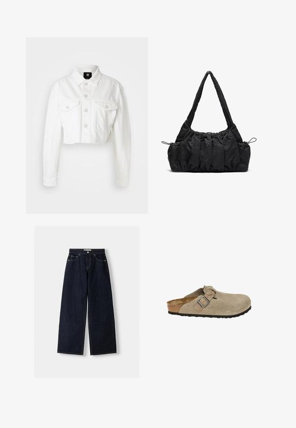 Bijela skraćena traper jakna s ovratnikom, prednjim zatvaranjem na gumbe, dva džepa na prsima i strganim rubom. Izrađena od čvrste mješavine pamuka.; Sivi pleteni pulover s V izrezom i rebrastim rubom. Ima opuštenu siluetu i duge rukave, izrađen je od mekog teksturiranog materijala.; Tamno plavi traper široki traperice viskog struka, s pet džepova, kontrastnim šavovima i srebrnim metalnim detaljima. Glatka tekstura i čista obrada.; Bež velur klompe s zaobljenim prstom, prilagodljivim remenom i kopčom, pluta sredinom i teksturiranom crnom gumom za bolji grip.; Crna torba od tkanine s naboranom teksturom, dva remena za nositi na ramenu i kaišem za zatvaranje sa strane. Glatki, lagani materijal.