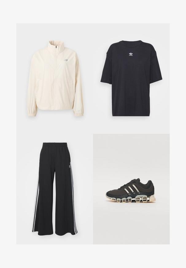 Kremo spalvos, lengvas švarkas su aukštu apykakle, pilnu priekiu užtrauktuku, elastiniais rankogaliais ir mažuoju pilku logotipu viršuje kairėje pusėje.; Juodas medvilnės marškinėliai trumpomis rankovėmis, apvaliu iškirpimu, su baltu Adidas logo ant krūtinės. Paprastas dizainas, laisvas kirpimas.; Juodos plačios kojų džinsinės kelnės su elastingu juosmeniu, turinčios baltas šonines juosteles ir išsiuvinėtą logotipą kairiajame šlaunyje.; Juodos sportinės avalynės su tekstūruotu viršumi, trimis sidabro juostomis ir išskirtiniu amortizuojančiu padu, turinčiu kelias integruotas dalis.