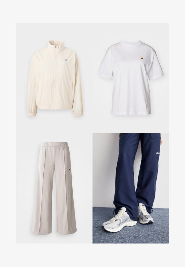 Kreemjas värvitoonis kerge jakk kõrge kraega, täispikk eesmine tõmblukk, elastsed mansetid ja väike hall logo ülemises vasakus nurgas.; Valge puuvillane T-särk, millel on lõdva lõikega, lühikesed varrukad ja väike broderi logo vasakul rinnakarpi.; Heledad hallide püksid, mis on valmistatud siledast kangast. Omab elastset vöökohta ja musta Nike logo vasakul küljel.; Nike spordijalatsid hõbedase võrkkanga ülaosaga, valgete aktsentidega ja tekstuuriga tallad, koos laia lõikega tumesiniste pükstega.