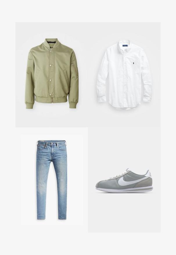 Vaaleanvihreä pommikauko, jossa on ribbikuvioitu kaulus, hihansuut ja helma, etuosassa napit, sivutaskut ja vetoketjutasku vasemmassa hihassa.; Valkoinen pitkähihaisessa napitetussa paidassa, joka on valmistettu puuvillasta. Siinä on klassinen kaulus, napilliset hihansuut ja pieni tummansininen brodeerattu logo rinnassa.; Vaaleansiniset slim fit -farkut, joissa on hieman haalistumista reiden kohdalla, edessä nappisuljenta, vyölenkit ja viisi taskua valkoista taustaa vasten.; Harmaa urheilujalkine, jossa on mokka- ja tekstiilipäällinen, valkoinen Nike-tikkukiinnitys ja valkoiset nauhat. Varusteena on kuvioitu kumipohja ja pehmustettu nilkkaosa.