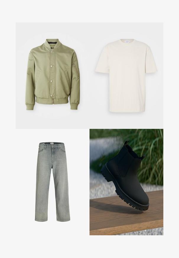 Lys grøn bomberjakke med ribbestrikket krage, mansjetter og hem, frontlukkeknapper, sidelommer og en glidelåslomme på venstre erme.; T-skjorte med korte ermer i off-white, laget av bomull. Klassisk rund hals-design med rett passform og minimale sømdetaljer.; Lys grå, løstsittende jeans laget av denim. Har en klassisk fem-lomme-design, beltehemper og en rett ben-silhuett.; Sorte ankelstøvler med en glatt finish, elastiske sidepaneler og en tykk, robust såle. Plassert mot en naturlig bakgrunn på en tresurface.