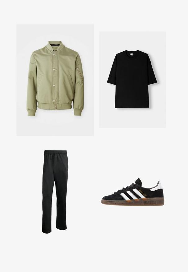 Jasnozielona kurtka bomberka z żebrowanym kołnierzem, mankietami i dolnym wykończeniem, z przodu na zatrzaski, bocznymi kieszeniami oraz kieszenią na zamek na lewym rękawie.; Czarny bawełniany t-shirt z krótkim rękawem, okrągłym dekoltem i luźnym krojem. Gładka tekstura i minimalistyczny design, bez wzorów czy akcentów.; Czarne sportowe spodnie z wygodną elastyczną talią, dwiema bocznymi kieszeniami i gładkim, lekkim materiałem. Zawierają subtelny detal z logo.; Czarny sneaker Adidas z białymi paskami, złotym napisem "Spezial", gumową podeszwą i białym elementem przy pięcie, przedstawiony w widoku z profilu.