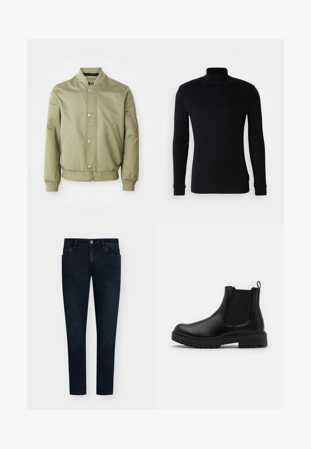 Ljusgrön bomberjacka med ribbad krage, manschetter och nederkant, framknappar, sidofickor och en dragkedjeficka på vänster ärm.; Svart långärmad polotröja i mjukt tyg. Har en figursydd design med ribbade ärmslut och en jämn textur. Inga mönster eller logotyper.; Mörkblå denimjeans med slim fit, femfickorsdesign, knappstängning och minimal blekning. Platt front och smala benöppningar.; Zign LEATHER - Stövletter - black