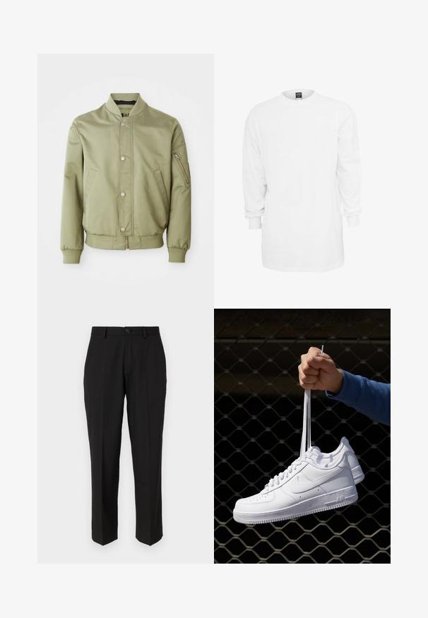 Világoszöld bomber dzseki bordázott gallérral, mandzsettával és aljjal, elülső snap gombokkal, oldalsó zsebekkel és egy cipzáras zsebbel a bal ujjon.; Hosszú ujjú fehér pamut póló, kerek nyakkivágással, laza fazonnal és bordás mandzsettával. Egyszerű, mintás és grafika nélküli dizájn.; Fekete nadrág sima anyagból, egyenes lábformával, elülső zsebekkel, egygombos záródással és látható minták nélkül.; Fehér bőr sportcipők perforációval, kerek orral, lapos talppal és vastag fűzőkkel, látható swoosh logóval és "AIR" felirattal a sarokrészen.