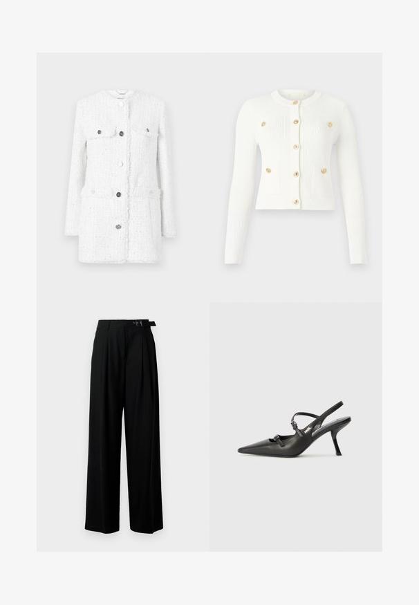 Witte tweed jas van een gestructureerde stof, met twee voorzakken, een hoge kraag en zilveren knopen voor sluiting en accenten.; Witte geribde cardigan met lange mouwen, een ronde halslijn, zes gouden knopen en twee voorkvastzakken met klepdetails.; Gebreide witte top met korte mouwen en een subtiel patroon, met een ronde halslijn en een gouden accent aan de zoom. De stof lijkt lichtgewicht en ademend.; Zwarte wijde broek met hoge taille, plooien aan de voorkant en een riem met een gesp. Gemaakt van glad, lichtgewicht stof.; Zwarte leren slingback hakken met een spitse neus, slanke hak en decoratieve gespdetails op de bovenkant. Gladde textuur en een strakke uitstraling.