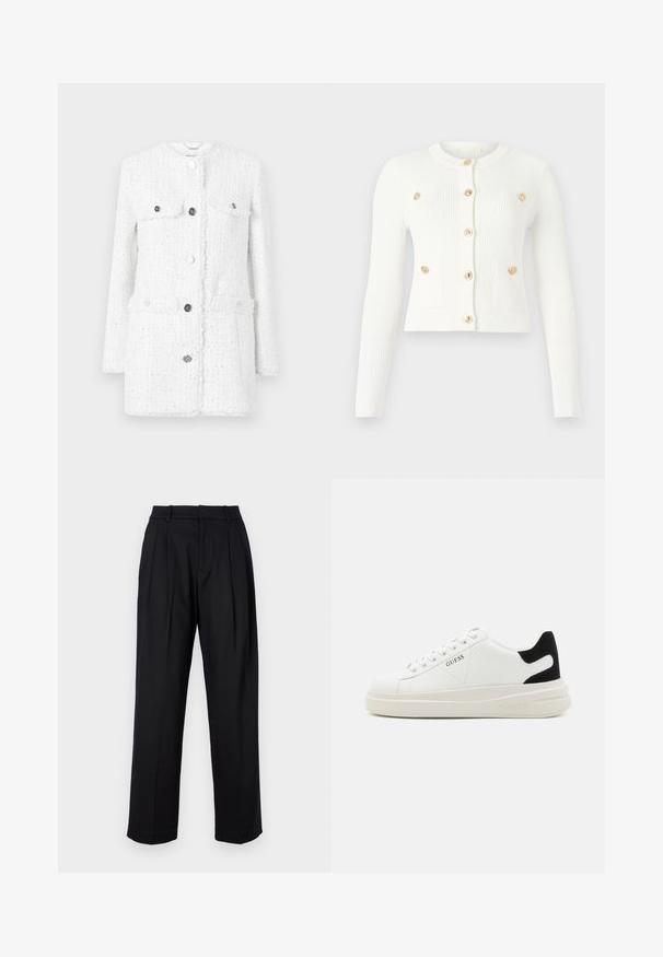 Witte tweed jas van een gestructureerde stof, met twee voorzakken, een hoge kraag en zilveren knopen voor sluiting en accenten.; Witte geribde cardigan met lange mouwen, een ronde halslijn, zes gouden knopen en twee voorkvastzakken met klepdetails.; Gebreide witte top met korte mouwen en een subtiel patroon, met een ronde halslijn en een gouden accent aan de zoom. De stof lijkt lichtgewicht en ademend.; Zwarte broek met een getailleerd ontwerp, met een hoge taille, plooien en een rechte pijp. Gemaakt van een gladde stof in een effen kleur.; Witte leren sneakers met een dikke witte zool, zwarte suède hielaccent en een geperst logo op de zijkant. Vetersluiting met zes oogjes.