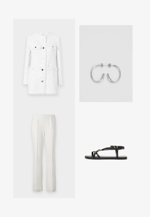 Valkoinen tweed-takki, jossa on teksturoitu kangas, kaksi etutaskua, korkea kaulus ja hopeiset napit kiinnitykseen ja korostuksiin.; Valkoinen pitkähihaiset paita, jossa on pyöreä kaula-aukko ja nauhakiinnitys. Etuosassa ja hihoissa on tekstuurinen reunus. Sujuva kangaspinta.; Vaaleat suorat housut, joissa on sileä pinta, etupuolella laskokset ja siisti vyötärönauha.; Mustat nahkasaappaat, joissa on ohuet hihnat ja soljellinen nilkkahihna. Tasainen pohja tekstuurilla ja sahalaitareunalla. Minimalistinen muotoilu.; Hopehopeet hopehopeet hopehopeet hopehopeet, jolla on sileä, kiiltävä pinta. Pyöreä muoto, kevyt rakenne, jossa on neulakiinnitys.