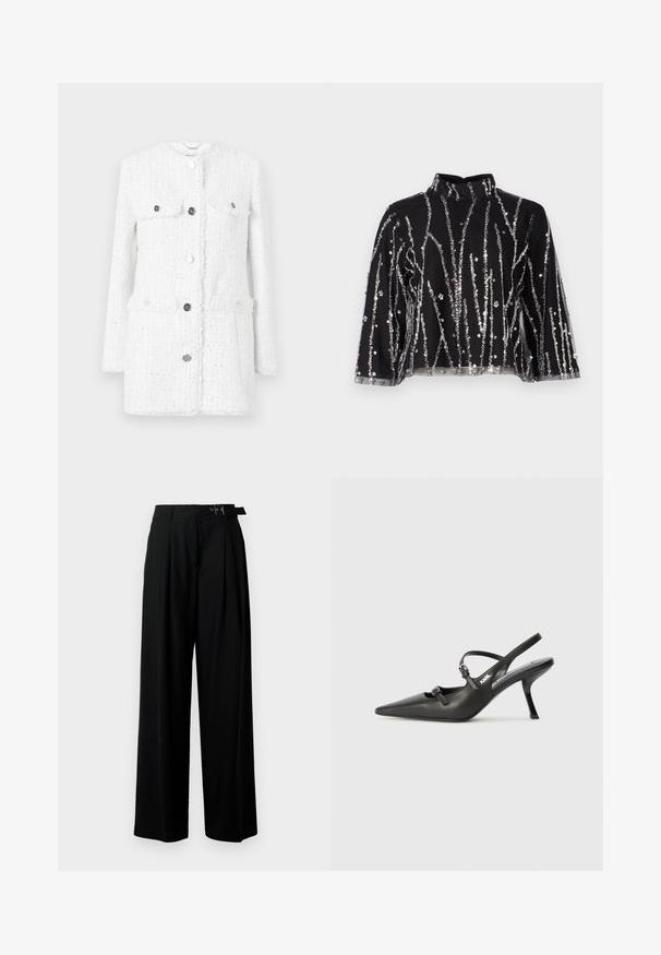 Witte tweed jas van een gestructureerde stof, met twee voorzakken, een hoge kraag en zilveren knopen voor sluiting en accenten.; Zwart cropped top met hoge hals, voorzien van zilveren pailletten in verticale lijnen, doorschijnende mouwen en gestructureerde stof.; Zwarte wijde broek met hoge taille, plooien aan de voorkant en een riem met een gesp. Gemaakt van glad, lichtgewicht stof.; Zwarte leren slingback hakken met een spitse neus, slanke hak en decoratieve gespdetails op de bovenkant. Gladde textuur en een strakke uitstraling.
