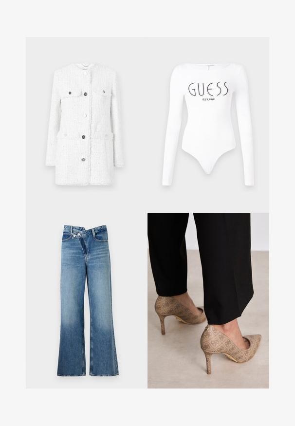 Weißes Tweed-Jacket mit einem strukturierten Stoff, ausgestattet mit zwei Vordertaschen, einem hohen Kragen und silbernen Knöpfen für den Verschluss und Akzente.; Weißer Langarm-Bodysuit mit Rundhalsausschnitt. Auf der Vorderseite mit "GUESS"-Logo und "EST.1981" in Schwarz bedruckt. Glatte Textur.; Helle, blaue Jeans mit weit ausgestellt Bein und hoher Taille, ausgestattet mit zwei Knöpfen und vorderen Taschen. Der Stoff hat eine ausgewaschene Textur mit subtilen Variationen.; Beige High Heels aus strukturiertem Stoff mit einem sich wiederholenden Muster. Spitz zulaufendes Design mit einer Rückenausschnitt und goldenen Absatz.