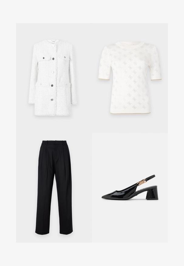 Hvid tweedjakke med et struktureret stof, der har to frontlommer, en høj krave og sølvknapper til lukning og pynt.; Strikket hvid kortærmet top med subtile mønstre, der har en rund halsudskæring og et guldaccent ved kanten. Teksturen fremstår let og åndbar.; Sorte bukser med skræddersyet design, der har høj talje, læg og lige ben. Fremstillet af glat stof i ensfarvet.; Sorte patentlæder slingback pumps med spidse tæer og guldfarvet hardware på remmen, med en blokhælhøjder. Glat tekstur.