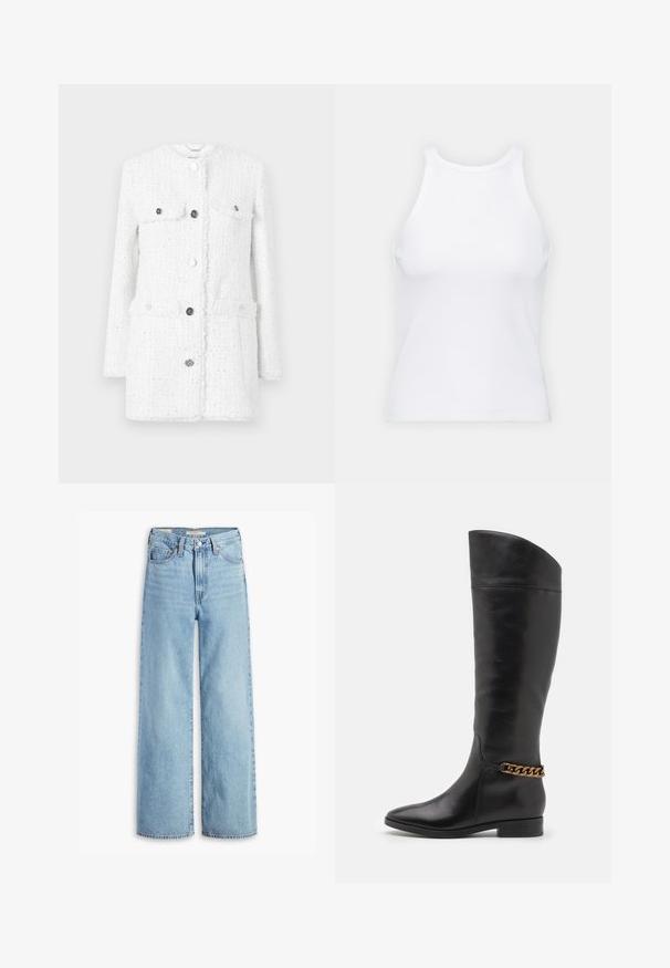 Biała tweedowa kurtka o fakturowanym materiale, z dwoma przednimi kieszeniami, wysokim kołnierzem i srebrnymi guzikami jako zapięciem i akcentami.; Biała bezrękawnikowa koszulka wykonana z prążkowanej tkaniny, z okrągłym dekoltem i dopasowanym krojem, o minimalnych szwach i bez ozdób.; Jeansy o wysokim stanie, jasnoniebieskie, szerokie nogawki, z przednim guzikiem i zamkiem błyskawicznym, pętelkami na pasek oraz pięcioma kieszeniami.; Wysokie czarne skórzane botki o eleganckim designie, ze spiczastym noskiem i złotym łańcuszkiem na kostce. Niski blokowy obcas. Gładka tekstura.