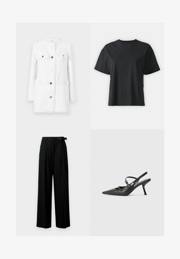Weißes Tweed-Jacket mit einem strukturierten Stoff, ausgestattet mit zwei Vordertaschen, einem hohen Kragen und silbernen Knöpfen für den Verschluss und Akzente.; Schwarzes kurzärmliges Baumwoll-T-Shirt mit lockerer Passform und kontrastierendem Seitenpanel, das kleine Text- und Designdetails aufweist.; Schwarze weit geschnittene Hosen mit hoher Taille, Falten an der Vorderseite und einem Gürtel mit Schnalle. Hergestellt aus glattem, leichtem Stoff.; Schwarzlederne Slingback-Absätze mit spitzer Zehenform, schlankem Absatz und dekorativem Schnallendetail auf dem Blatt. Glatte Textur und elegantes Design.