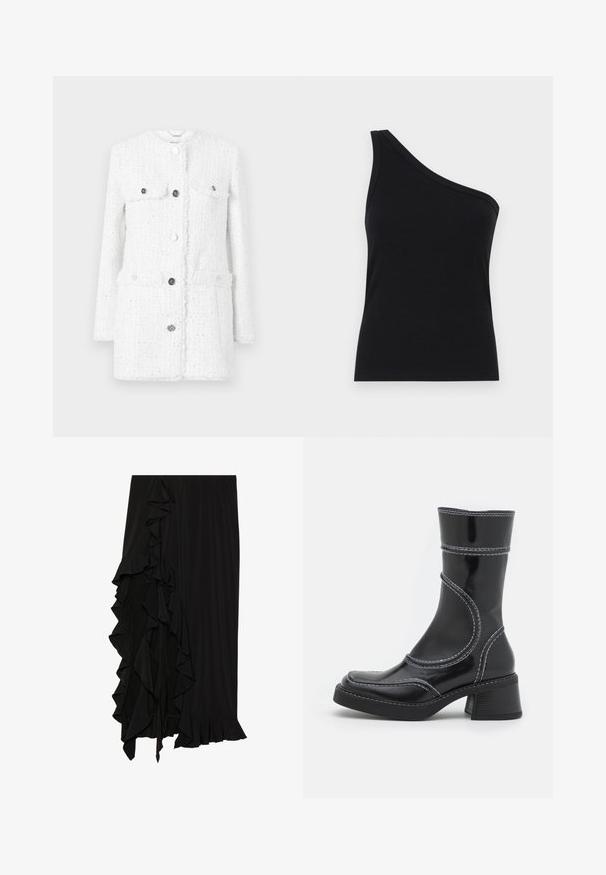 Balta tweed odiniai striukė su tekstūruotu audiniu, turinti dvi priekinės kišenes, aukštą apykaklę ir sidabrines sagas užsegimui bei akcentams.; Juosmens juodos spalvos ribotuvas su viena petnešėle, tinkamu dizainu ir minkšta tekstūra. Išskirtinis švarus, minimalistinis kirpimas ir sklandus iškirpimas.; Juoda suknelė, pagaminta iš minkštos medžiagos, su raukšlėtu akcentu kairėje pusėje ir plazdančiu apvadu apačioje, sukurianti tekantį siluetą.; Juodo lakuoto odos kulkšninis batas su baltomis siūlėmis, apvaliu pirštu ir blokuotu kulnu. Ypatinasi išlenktomis dizaino linijomis ir lygia tekstūra.